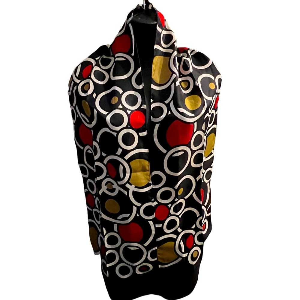 Stylish Black Scarf with Red and Gold Circles